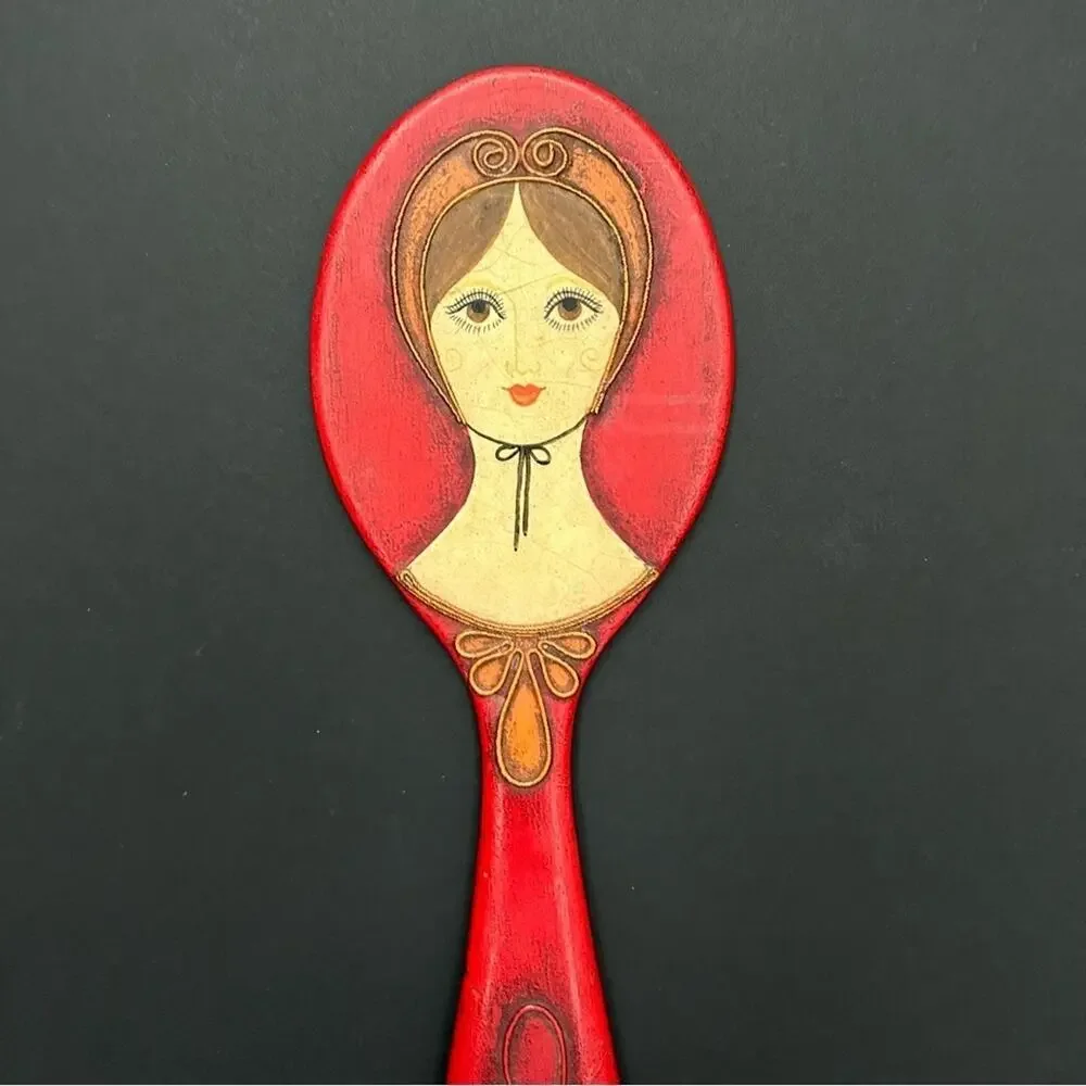 Rare Vintage 1960s Red Wooden Handmade Decorative Hand Mirror, Artist Signed
